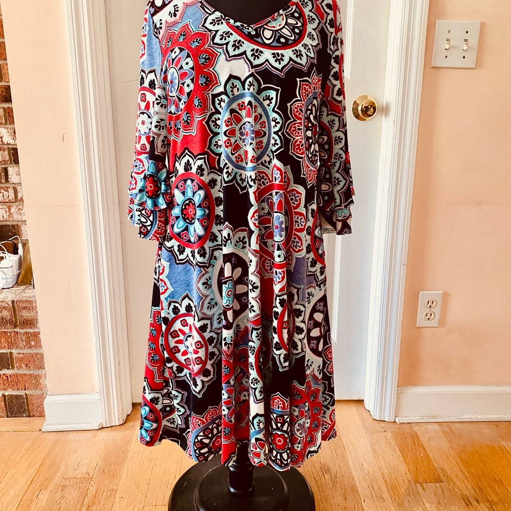 Honeyme V-Neck Long Sleeve Dress in Red, Blue, and Black